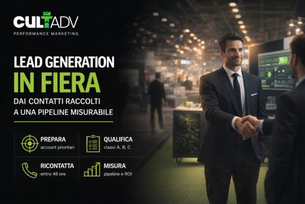 Lead generation in fiera: professionista allo stand qualifica un contatto su tablet con CRM