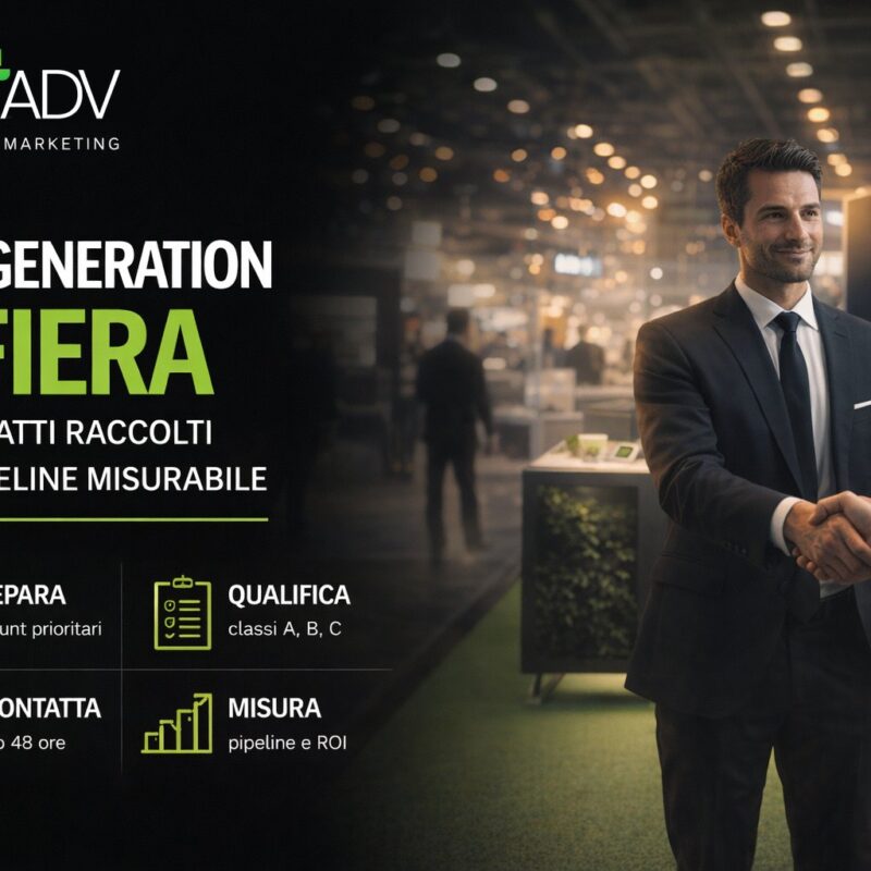 Lead generation in fiera: professionista allo stand qualifica un contatto su tablet con CRM